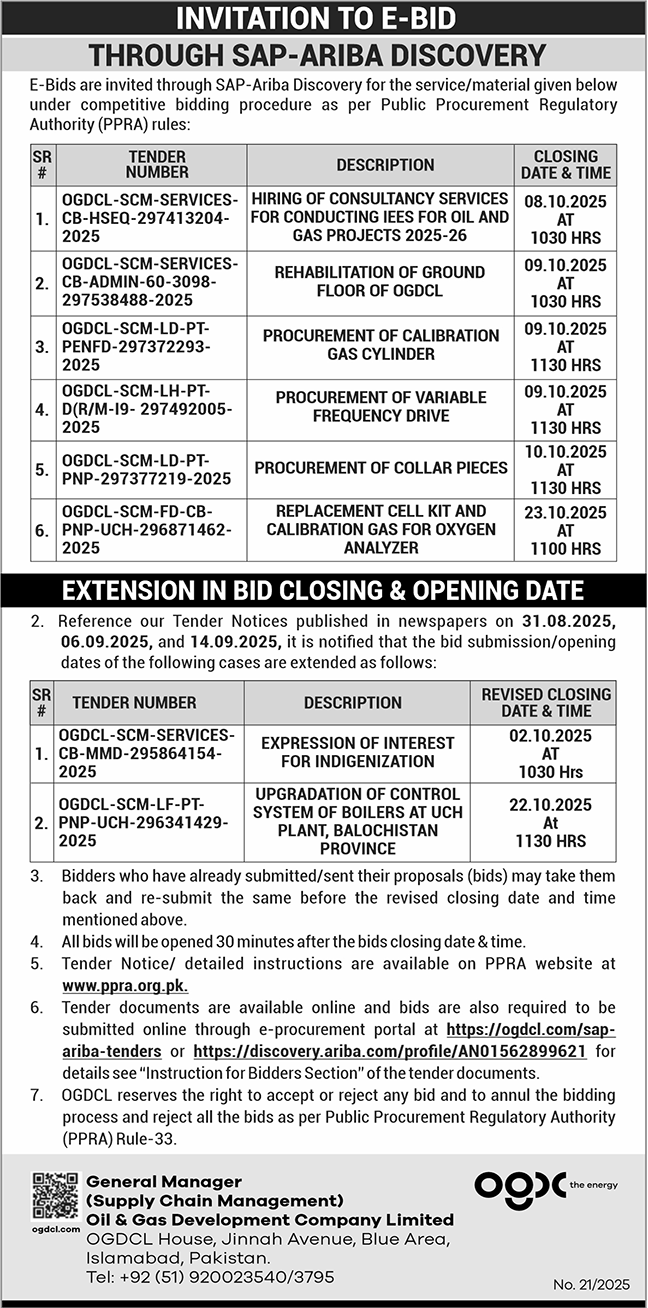 Oil & Gas Development Company Limited Islamabad Tender Notice